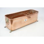 Large Copper Oblong Planter with Brass Lion Mask Ring Handle and Brass Paw Feet