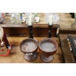 Pair of wooden bowls and a pair of Barley Twist oak candlesticks