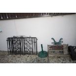 Child's Bench, Two Bench Ends, Two Wrought Iron Garden Gates, Wheel Jack and Spare Wheel