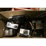Box of various vintage cameras etc