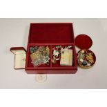 Jewellery box of costume jewellery including brooches and silver