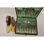 Small box of vintage Bovine bone handled flatware plus a canteen of vintage mother of pearl