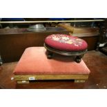 Oak Gout Stool together with Victorian Circular Footstool with Needlework Top