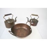 Two Victorian brass and a copper jam pan