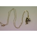 9ct white & yellow gold dolphin & baby pendant & chain
