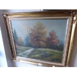 Gilt framed oil on canvas woodland scene, signed Bill Andrews