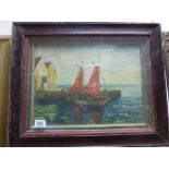 Impressionist oil painting of a Quayside with dwellings & fishing boats signed Jean M Smith