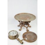 Decorative Middle Eastern Brass table on tripod wooden legs & a Mather & Platt Ltd pressure guage