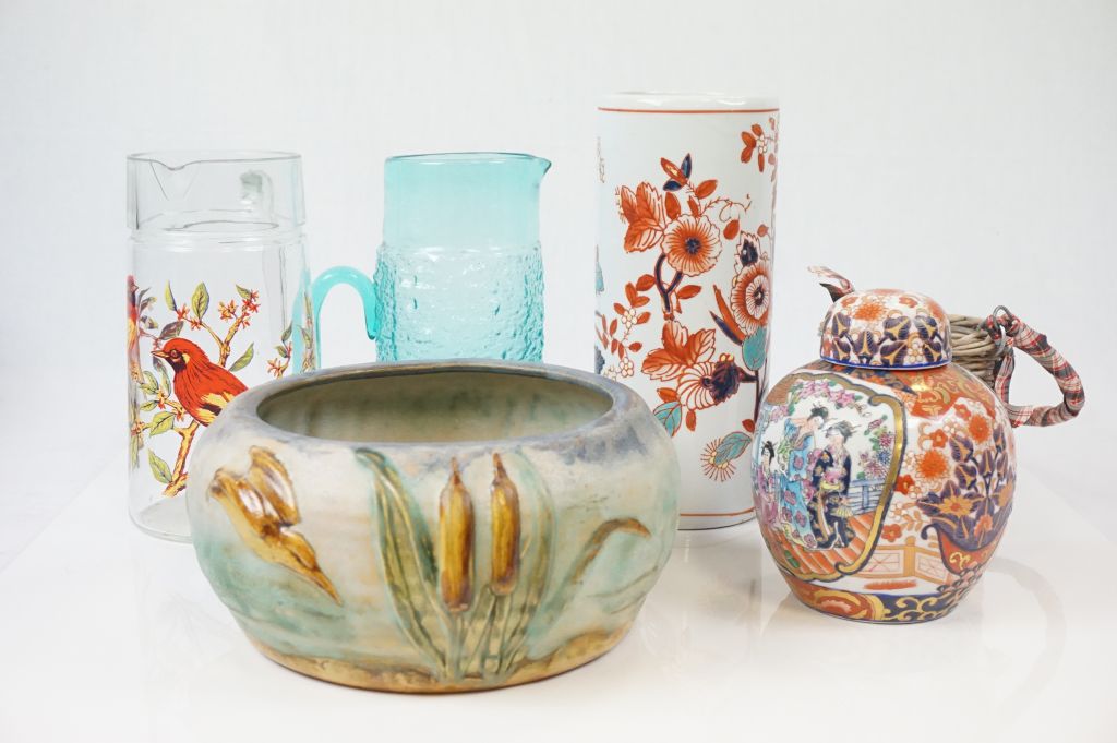 Bourne Denby 1930's Bowl with relief decoration of Birds and Reeds together with Two Glass Jugs,