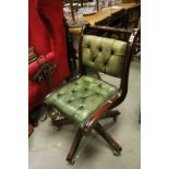Mahogany Effect Swivel Office Chair with Green Button Leather Seat and Back