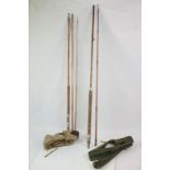 Two vintage Split Cane Fishing rods with canvas bags