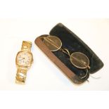 9ct Gold Cased Wristwatch, circa 1930's together with Spectacles