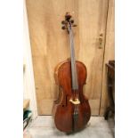 Very old cello, possibly English, with single piece back in Hiscox hard case. Back measurement 291/4