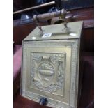 Victorian brass and wood handle coal/log bin with liner & an original brass shovel