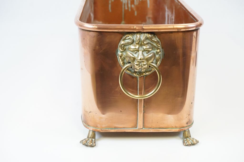 Large Copper Oblong Planter with Brass Lion Mask Ring Handle and Brass Paw Feet - Image 2 of 2