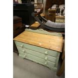 Pine part painted chest of three long drawers with upstand