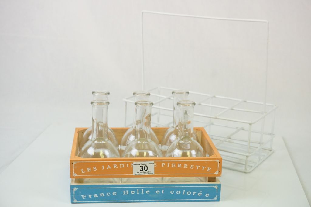 Set of Six Glass Bottles in a Painted Crate together with a Eight Bottle Bottle Carrier