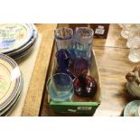 Five pieces of vintage coloured glass to include a beaker with hand painted image of "Mormon