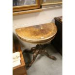Victorian Inlaid Walnut Circular Fold-over Card Table on Carved Pedestal and Four Carved Legs