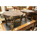 Pair of Oak Circular Footstools on Barleytwist Legs with Leather Studded Seats tooled with South