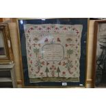 Framed & glazed Sampler marked "Mary Rhoades 1827 Pocklington"