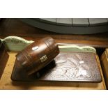 Miniature Oak barrel on stand and a wooden stand with punched decoration