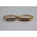 A Victorian diamond five stone 18ct yellow gold boat head ring, five graduated eight cut diamonds