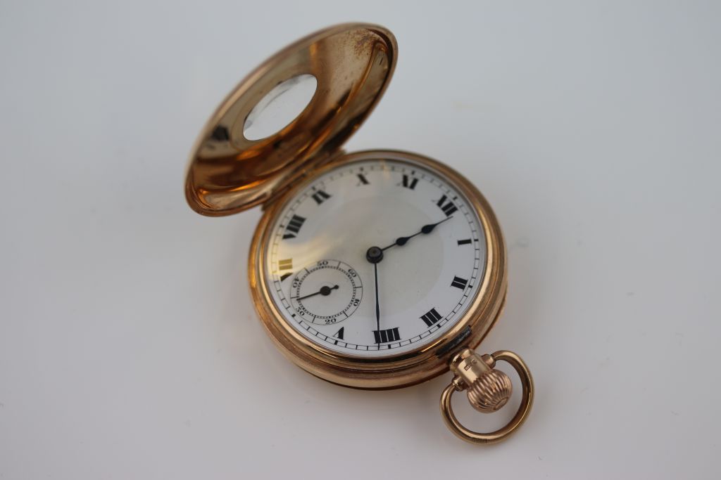 A Rolex fifteen jewel 9ct yellow gold half hunter pocket watch, unsigned white enamel dial and - Image 3 of 12