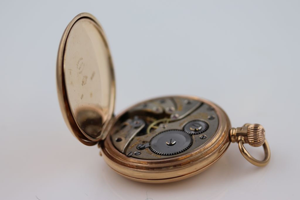 A Rolex fifteen jewel 9ct yellow gold half hunter pocket watch, unsigned white enamel dial and - Image 10 of 12