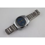 A Gents Memostar Alarm stainless steel stopwatch wristwatch, date aperture, blue face, baton