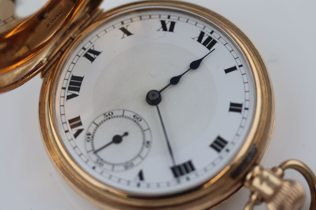 A Rolex fifteen jewel 9ct yellow gold half hunter pocket watch, unsigned white enamel dial and - Image 4 of 12