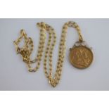 A mounted 1886 gold full sovereign on 9ct gold chain
