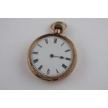 An early 20th century small 9ct gold pocket watch, white enamel dial, black Roman numerals, one hand