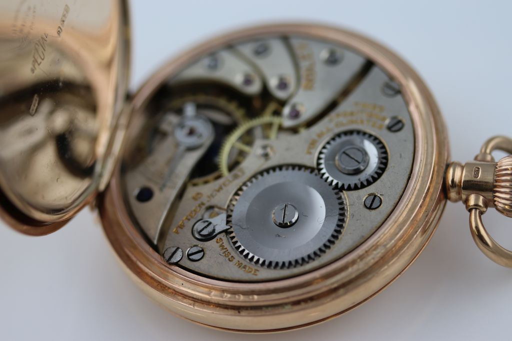 A Rolex fifteen jewel 9ct yellow gold half hunter pocket watch, unsigned white enamel dial and - Image 11 of 12