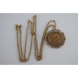 An 1896 full soveriegn in 9ct gold coin mount on 9ct yellow gold belcher link chain, chain length