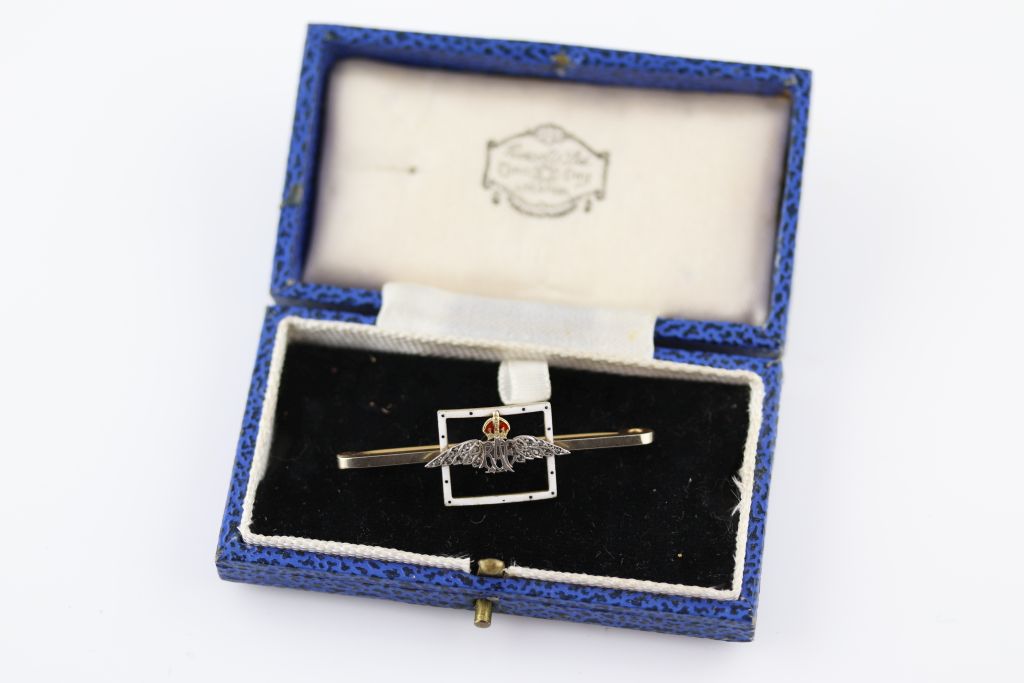 A diamond and enamelled 18ct yellow gold and white gold Royal Air Force (RAF) 'Wings' sweetheart