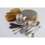 A collection of silver to include a pair of George V oval silver backed brushes, engine turned