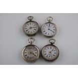 Four silver pocket watches comprising a small silver open faced pocket watch, white enamelled face