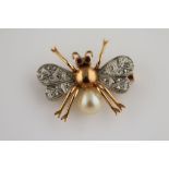 An early twentieth century pearl, ruby and diamond unmarked yellow gold and white gold set insect