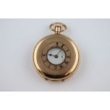 A Rolex fifteen jewel 9ct yellow gold half hunter pocket watch, unsigned white enamel dial and
