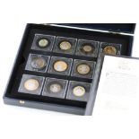 Cased set of 11 historic Coins of Great Britain, Rhodium & Gold plated with certificates