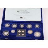 Royal Mint cased Millenium Collection set of thirteen Silver proof coins to include Maundy with COA