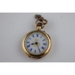 A late 19th century ladies continental 12ct yellow gold fob watch, the enamelled pansy reverse