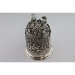 A continental silver condiment set, comprising four silver collar glass bottles with faceted