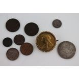 Small leather purse with mixed vintage UK coins to include; Queen Anne Shilling, Victorian Maundy,