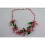 A vintage Murano glass bead birds and leaves fringe necklace, comprising seven clusters of pink