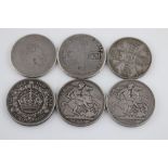 Five UK Crown coins to include Victorian, William III & a 1933 Wreath Crown possibly a copy plus