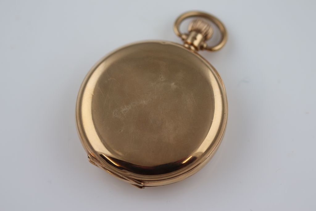 A Rolex fifteen jewel 9ct yellow gold half hunter pocket watch, unsigned white enamel dial and - Image 6 of 12