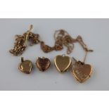 Four 9ct yellow metal and gold heart shaped lockets (one locket af), a fine 9ct rose gold