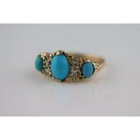 A Victorian turquoise and diamond 18ct yellow gold ring, three cabochon cut graduated turquoise, the